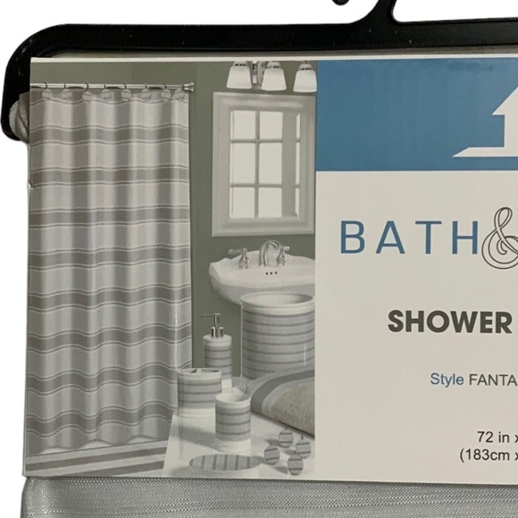 Striped Fabric Shower Curtain Ceramic Accessories 3 Pieces White Grey Tan Khaki - Picture 6 of 15